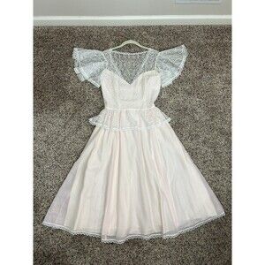 VTG 80s Gunne Sax Jessica McClintock Lace Dress Pastel Pink JR sz 11